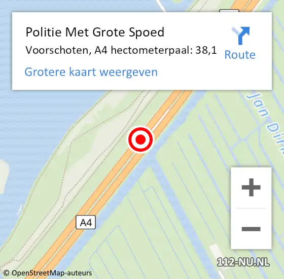 Locatie op kaart van de 112 melding: Politie Met Grote Spoed Naar Voorschoten, A4 hectometerpaal: 38,1 op 28 maart 2024 10:10