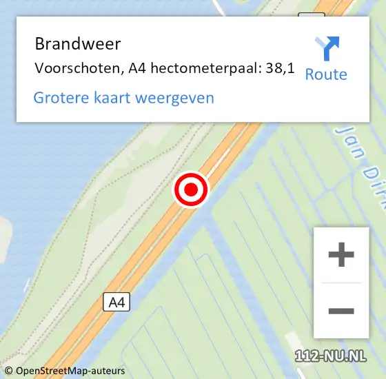 Locatie op kaart van de 112 melding: Brandweer Voorschoten, A4 hectometerpaal: 38,1 op 28 maart 2024 13:58