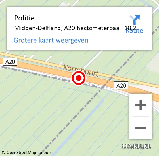 Locatie op kaart van de 112 melding: Politie Midden-Delfland, A20 hectometerpaal: 18,2 op 28 maart 2024 14:29