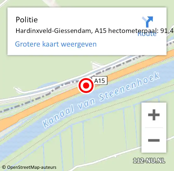 Locatie op kaart van de 112 melding: Politie Hardinxveld-Giessendam, A15 hectometerpaal: 91,4 op 28 maart 2024 14:36