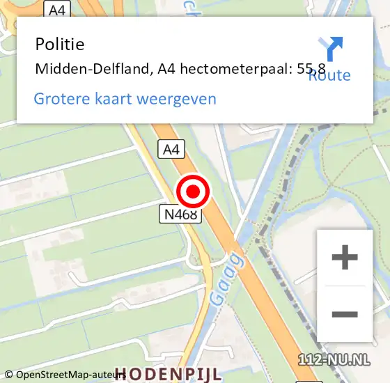 Locatie op kaart van de 112 melding: Politie Midden-Delfland, A4 hectometerpaal: 55,8 op 28 maart 2024 14:41