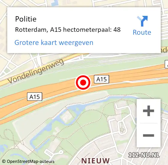 Locatie op kaart van de 112 melding: Politie Rotterdam, A15 hectometerpaal: 48 op 28 maart 2024 16:50