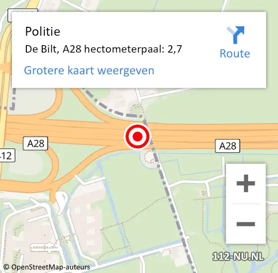 Locatie op kaart van de 112 melding: Politie De Bilt, A28 hectometerpaal: 2,7 op 28 maart 2024 18:34