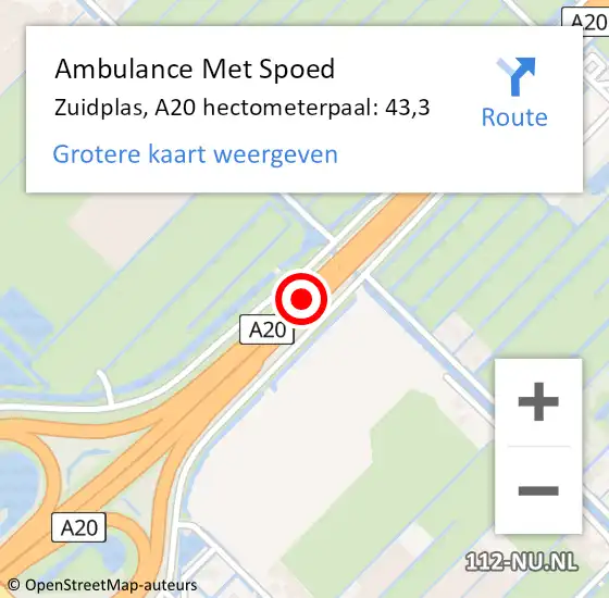 Locatie op kaart van de 112 melding: Ambulance Met Spoed Naar Zuidplas, A20 hectometerpaal: 43,3 op 28 maart 2024 18:49