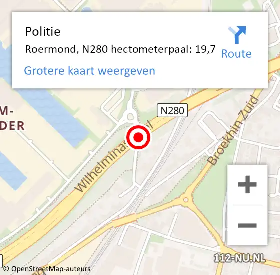 Locatie op kaart van de 112 melding: Politie Roermond, N280 hectometerpaal: 19,7 op 29 maart 2024 01:39