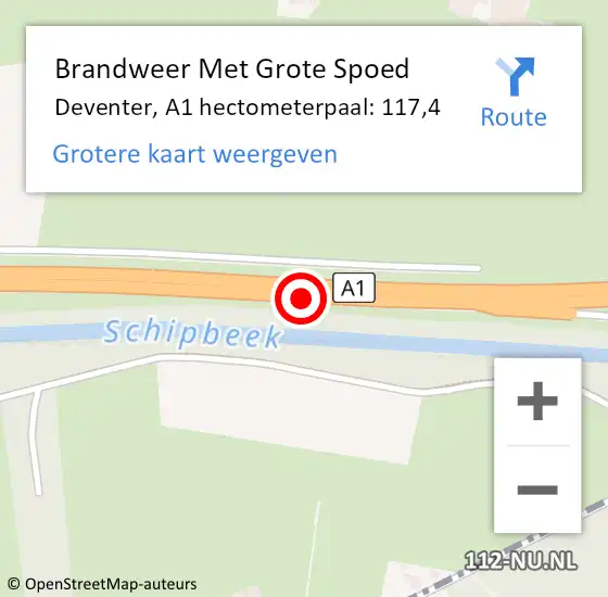 Locatie op kaart van de 112 melding: Brandweer Met Grote Spoed Naar Deventer, A1 hectometerpaal: 117,4 op 29 maart 2024 05:57