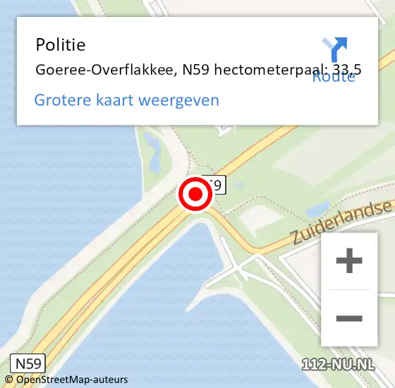Locatie op kaart van de 112 melding: Politie Goeree-Overflakkee, N59 hectometerpaal: 33,5 op 29 maart 2024 06:28
