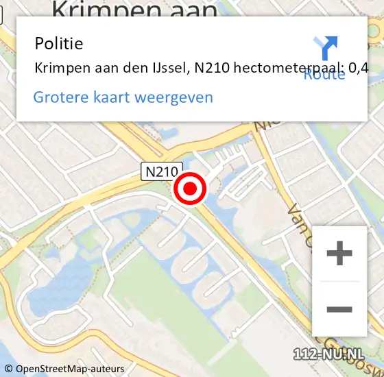 Locatie op kaart van de 112 melding: Politie Krimpen aan den IJssel, N210 hectometerpaal: 0,4 op 29 maart 2024 08:25