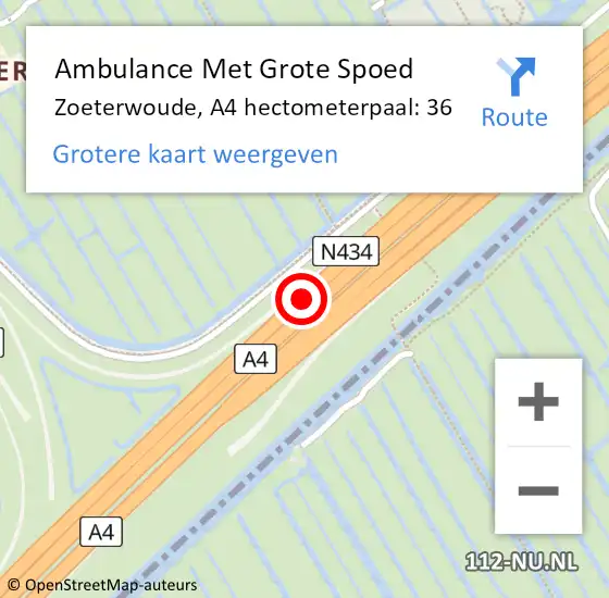 Locatie op kaart van de 112 melding: Ambulance Met Grote Spoed Naar Zoeterwoude, A4 hectometerpaal: 36 op 29 maart 2024 16:09