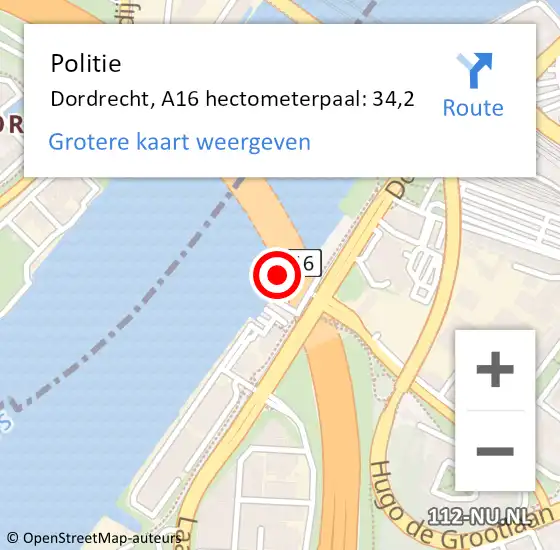 Locatie op kaart van de 112 melding: Politie Dordrecht, A16 hectometerpaal: 34,2 op 2 april 2024 10:16