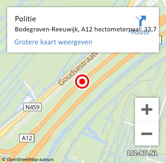 Locatie op kaart van de 112 melding: Politie Bodegraven-Reeuwijk, A12 hectometerpaal: 33,7 op 7 april 2024 21:42