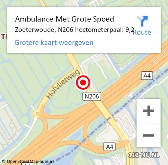 Locatie op kaart van de 112 melding: Ambulance Met Grote Spoed Naar Zoeterwoude, N206 hectometerpaal: 9,2 op 11 april 2024 15:04