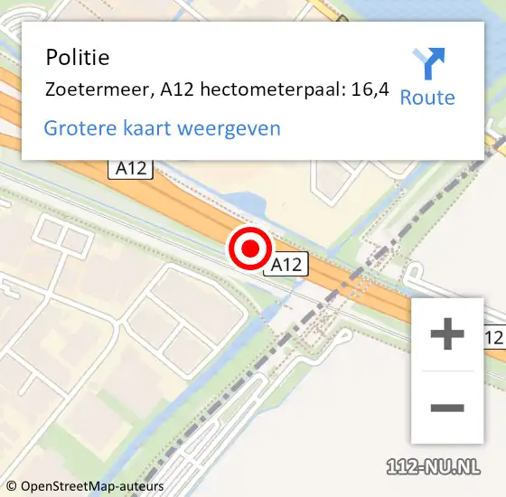 Locatie op kaart van de 112 melding: Politie Zoetermeer, A12 hectometerpaal: 16,4 op 12 april 2024 10:48