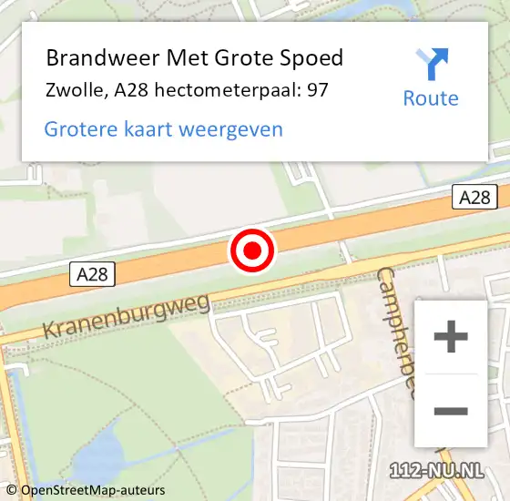 Locatie op kaart van de 112 melding: Brandweer Met Grote Spoed Naar Zwolle, A28 hectometerpaal: 97 op 12 april 2024 13:36