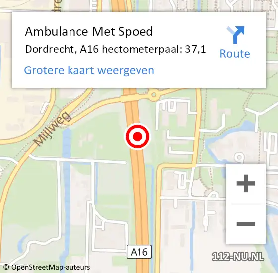 Locatie op kaart van de 112 melding: Ambulance Met Spoed Naar Dordrecht, A16 hectometerpaal: 37,1 op 13 april 2024 09:30