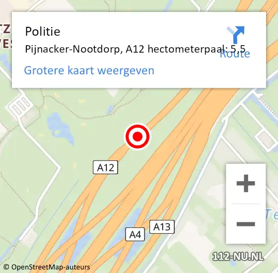 Locatie op kaart van de 112 melding: Politie Pijnacker-Nootdorp, A12 hectometerpaal: 5,5 op 13 april 2024 15:31
