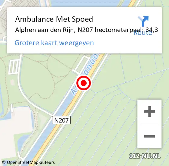 Locatie op kaart van de 112 melding: Ambulance Met Spoed Naar Alphen aan den Rijn, N207 hectometerpaal: 34,3 op 15 april 2024 15:51