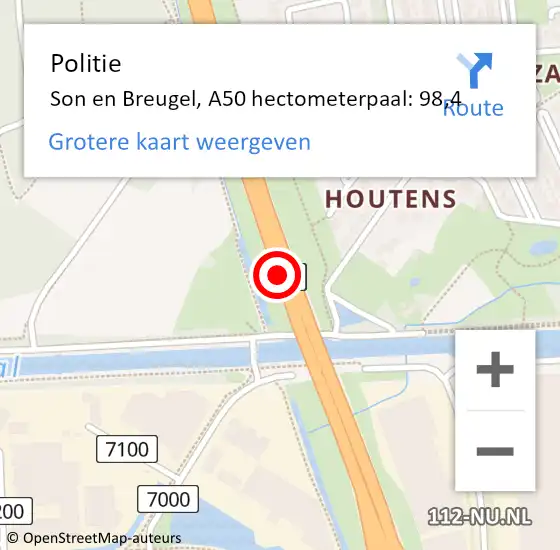 Locatie op kaart van de 112 melding: Politie Son en Breugel, A50 hectometerpaal: 98,4 op 16 april 2024 08:46