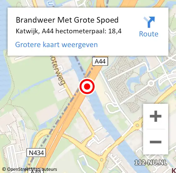 Locatie op kaart van de 112 melding: Brandweer Met Grote Spoed Naar Katwijk, A44 hectometerpaal: 18,4 op 16 april 2024 13:10