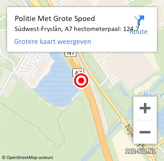 Locatie op kaart van de 112 melding: Politie Met Grote Spoed Naar Súdwest-Fryslân, A7 hectometerpaal: 124,7 op 16 april 2024 14:05