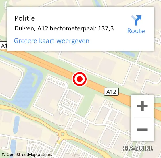 Locatie op kaart van de 112 melding: Politie Duiven, A12 hectometerpaal: 137,3 op 16 april 2024 15:37