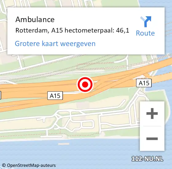 Locatie op kaart van de 112 melding: Ambulance Rotterdam, A15 hectometerpaal: 46,1 op 16 april 2024 17:23
