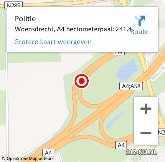 Locatie op kaart van de 112 melding: Politie Woensdrecht, A4 hectometerpaal: 241,4 op 16 april 2024 18:41