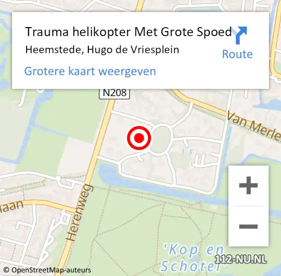 Locatie op kaart van de 112 melding: Trauma helikopter Met Grote Spoed Naar Heemstede, Hugo de Vriesplein op 16 april 2024 19:13