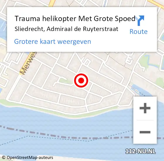 Locatie op kaart van de 112 melding: Trauma helikopter Met Grote Spoed Naar Sliedrecht, Admiraal de Ruyterstraat op 16 april 2024 21:12