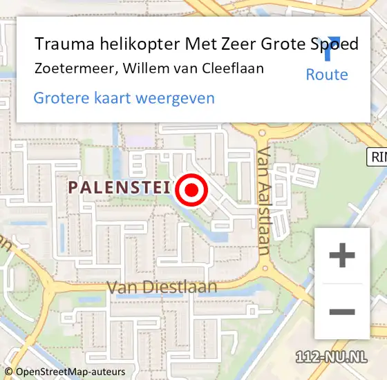 Locatie op kaart van de 112 melding: Trauma helikopter Met Zeer Grote Spoed Naar Zoetermeer, Willem van Cleeflaan op 16 april 2024 22:06