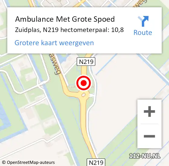 Locatie op kaart van de 112 melding: Ambulance Met Grote Spoed Naar Zuidplas, N219 hectometerpaal: 10,8 op 17 april 2024 08:11