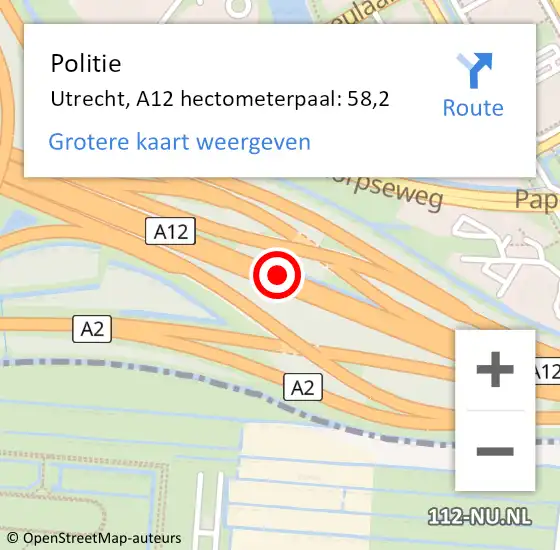 Locatie op kaart van de 112 melding: Politie Utrecht, A12 hectometerpaal: 58,2 op 17 april 2024 12:55