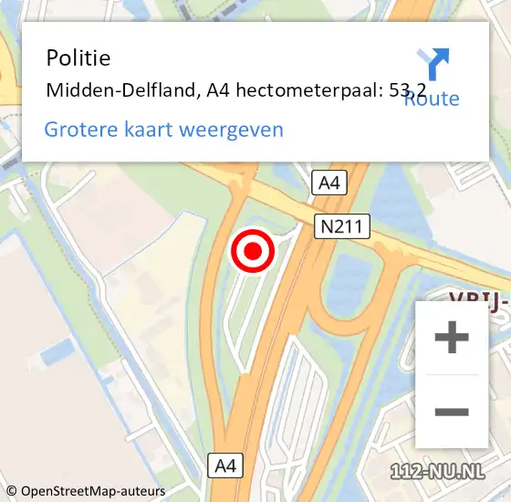 Locatie op kaart van de 112 melding: Politie Midden-Delfland, A4 hectometerpaal: 53,2 op 17 april 2024 13:34