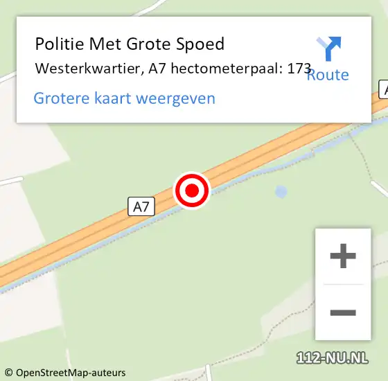 Locatie op kaart van de 112 melding: Politie Met Grote Spoed Naar Westerkwartier, A7 hectometerpaal: 173 op 17 april 2024 16:06