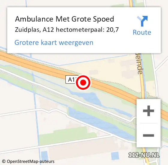 Locatie op kaart van de 112 melding: Ambulance Met Grote Spoed Naar Zuidplas, A12 hectometerpaal: 20,7 op 17 april 2024 16:32