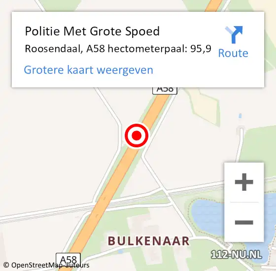 Locatie op kaart van de 112 melding: Politie Met Grote Spoed Naar Roosendaal, A58 hectometerpaal: 95,9 op 17 april 2024 16:37