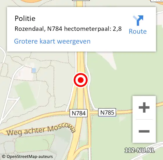 Locatie op kaart van de 112 melding: Politie Rozendaal, N784 hectometerpaal: 2,8 op 18 april 2024 17:54