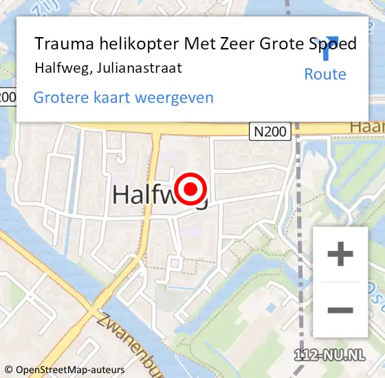 Locatie op kaart van de 112 melding: Trauma helikopter Met Zeer Grote Spoed Naar Halfweg, Julianastraat op 18 april 2024 19:16
