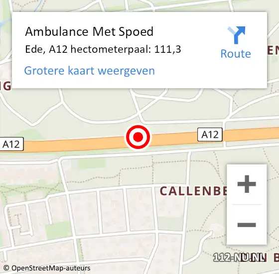 Locatie op kaart van de 112 melding: Ambulance Met Spoed Naar Ede, A12 hectometerpaal: 111,3 op 19 april 2024 02:39