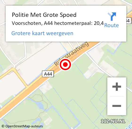 Locatie op kaart van de 112 melding: Politie Met Grote Spoed Naar Voorschoten, A44 hectometerpaal: 20,4 op 19 april 2024 12:08