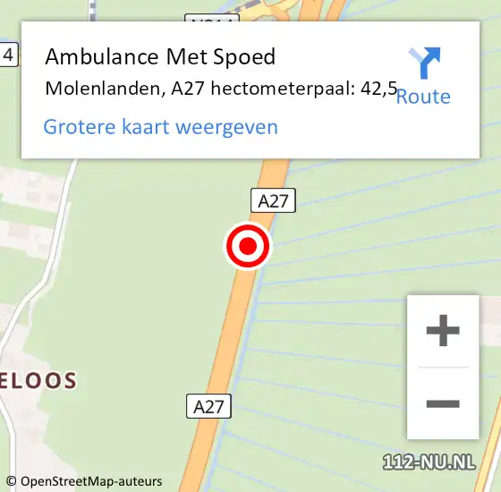 Locatie op kaart van de 112 melding: Ambulance Met Spoed Naar Molenlanden, A27 hectometerpaal: 42,5 op 19 april 2024 15:44