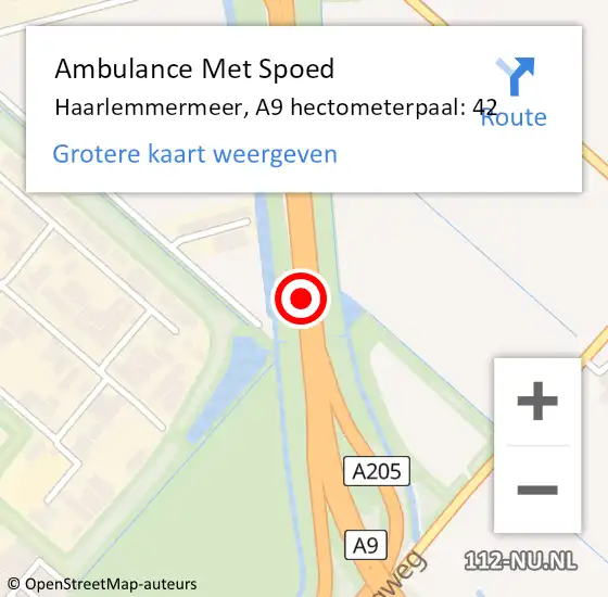 Locatie op kaart van de 112 melding: Ambulance Met Spoed Naar Haarlemmermeer, A9 hectometerpaal: 42 op 19 april 2024 16:54