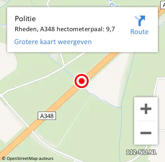 Locatie op kaart van de 112 melding: Politie Rheden, A348 hectometerpaal: 9,7 op 19 april 2024 18:19