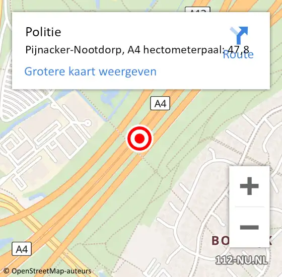 Locatie op kaart van de 112 melding: Politie Pijnacker-Nootdorp, A4 hectometerpaal: 47,8 op 19 april 2024 19:53