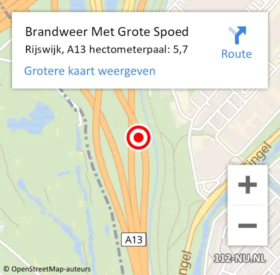 Locatie op kaart van de 112 melding: Brandweer Met Grote Spoed Naar Rijswijk, A13 hectometerpaal: 5,7 op 19 april 2024 21:41