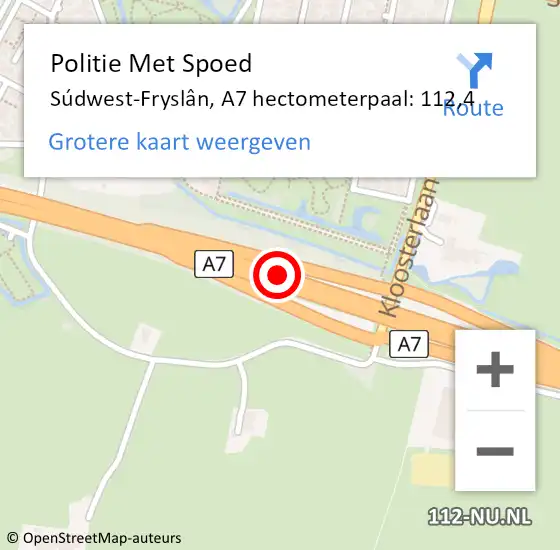 Locatie op kaart van de 112 melding: Politie Met Spoed Naar Súdwest-Fryslân, A7 hectometerpaal: 112,4 op 19 april 2024 21:55