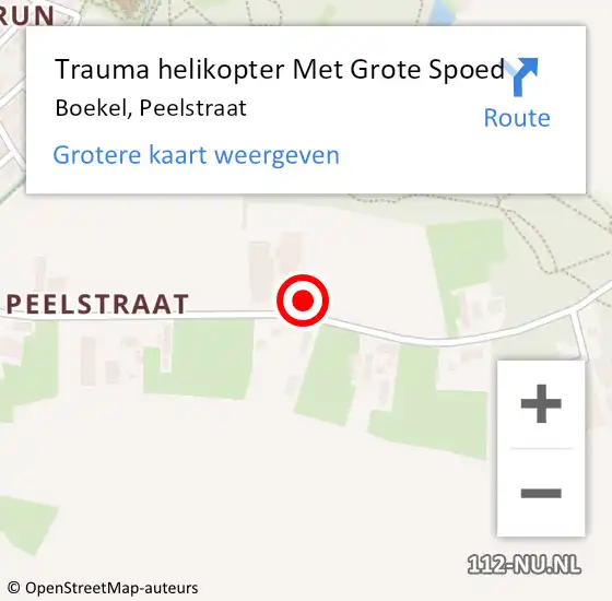 Locatie op kaart van de 112 melding: Trauma helikopter Met Grote Spoed Naar Boekel, Peelstraat op 20 april 2024 11:10
