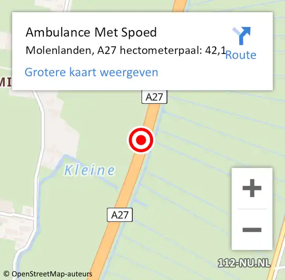 Locatie op kaart van de 112 melding: Ambulance Met Spoed Naar Molenlanden, A27 hectometerpaal: 42,1 op 20 april 2024 13:03