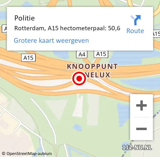 Locatie op kaart van de 112 melding: Politie Rotterdam, A15 hectometerpaal: 50,6 op 23 april 2024 09:03