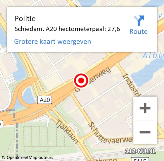 Locatie op kaart van de 112 melding: Politie Schiedam, A20 hectometerpaal: 27,6 op 23 april 2024 09:03